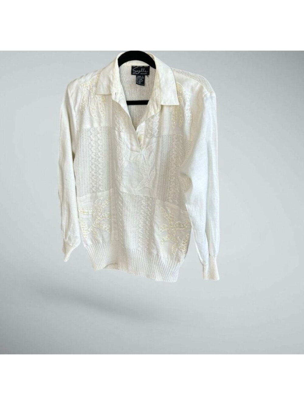 Suzelle Vintage Ivory white Sweater Embroidered Patchwork Size Medium
